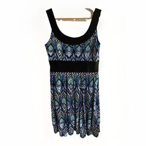 Dressbarn Geometric Print Dress Womens 8 Blue Green Black Empire Waist Boho